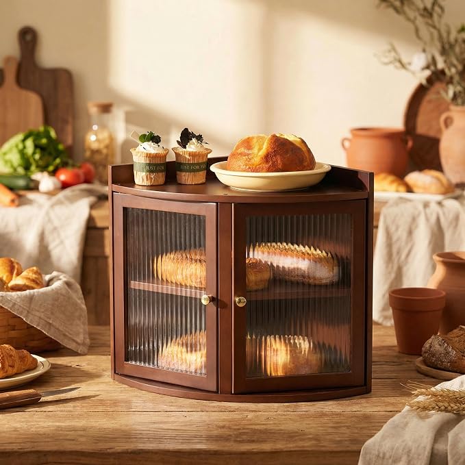Baveke Bread Box for Kitchen Countertop, Corner Bread Box & Bamboo Breadbox, Large Bread Storage with Double Layer, Vintage Storage for Homemade Bread, Rustic Brown