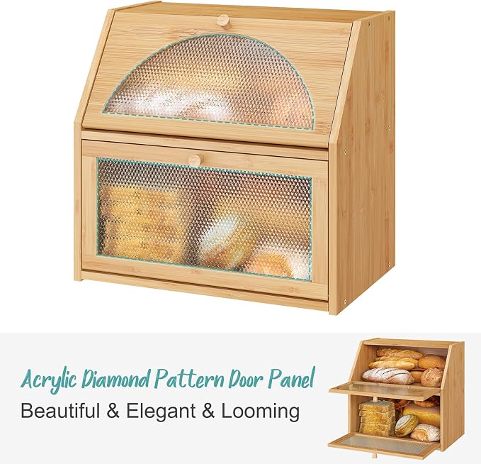 Extra Large Bread Box for Kitchen Counter, Bamboo Wood Double Layer Bread Box for Kitchen Counter, Wooden Capacity Bread Storage Bin