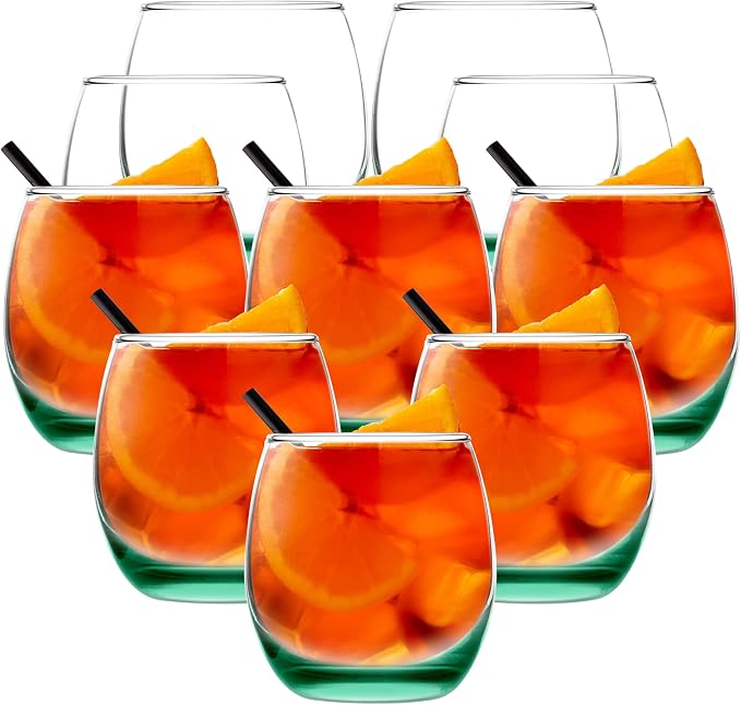 DISCOUNT PROMOS Mikonos Stemless Wine Glasses 11.5 oz. Set of 10, Bulk Pack - Restaurant Glassware, Perfect for Red Wine, White Wine, Cocktails - Green Bottom Color