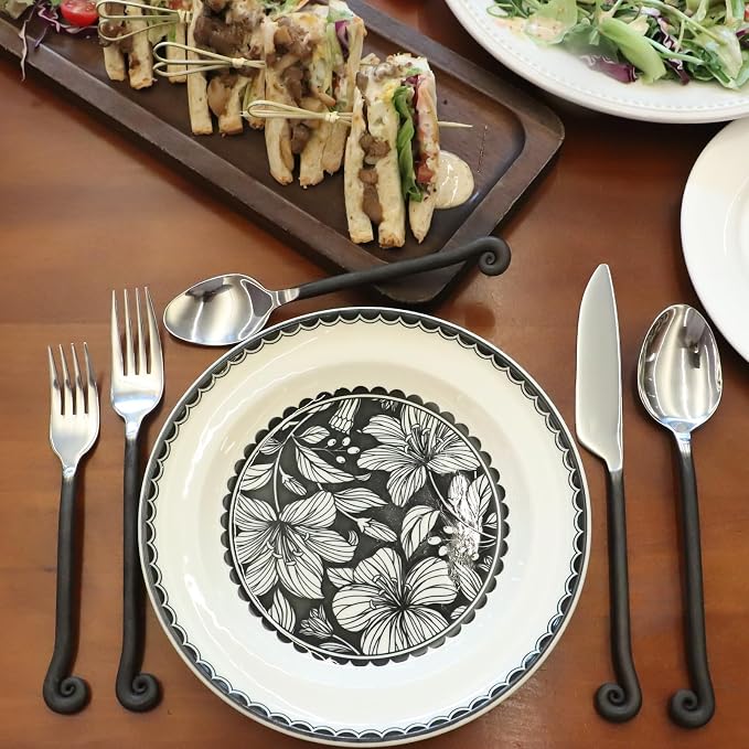 Silverware Set Musical Note Antiqued Black Handle Service for 8 | 40-Piece 18/10 Stainless Steel Flatware, Knife Fork Spoon Cutlery Set, Daily Use Wedding Housewarming Gift, Dishwasher Safe