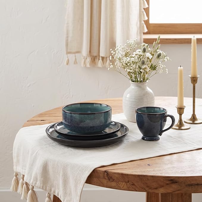 Ceramic Dinnerware (16 pcs) Serve 4 people, Plates and Bowls Sets,Handmade Reactive Glaze Dishes Set,Chip Resistant and Scratch Resistant,Dishwasher, Microwave Safe