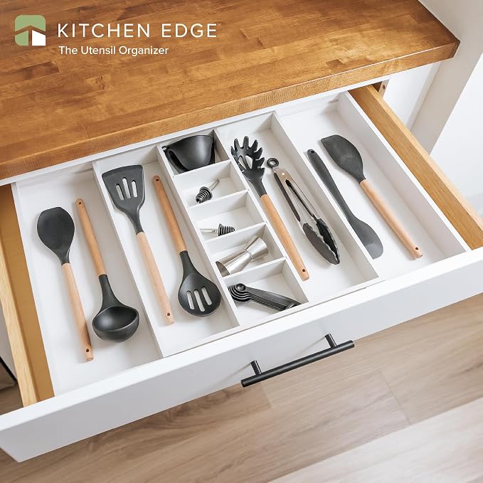 Utensil & Junk Drawer Organizer, 16-28 in, White Bamboo | Food-safe contract grade, 100% sustainable wood, non-slip, adjustable
