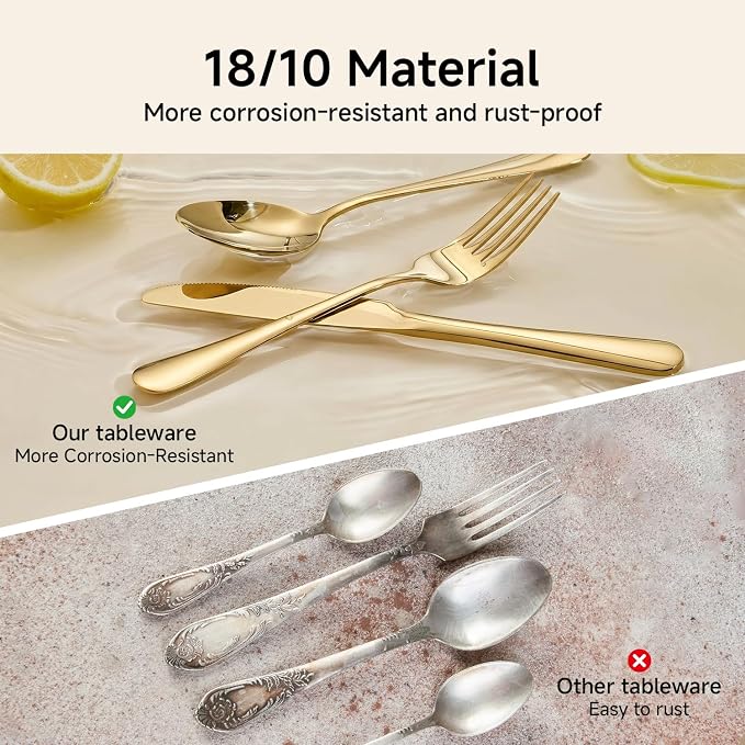 18/10 Stainless Steel Gold Silverware Set for 12 | 60 Piece Heavy Duty Flatware Utensils Set | Mirror Polished | Dishwasher Safe | Premium Cutlery for Home Kitchen Wedding