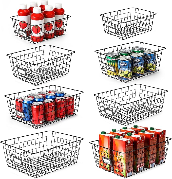 8 Set, Extra Large Wire Baskets for Organizing with Lables, Cabinet Pantry Organization and Storage Bins - Metal Basket for Kitchen, Laundry, Garage, Fridge, Bathroom Countertop Organizer, Black