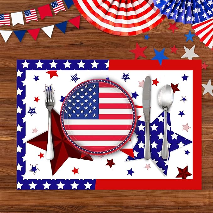 50 PCS Disposable Paper Placemats 4th of July Memorial Day Place Mats (E) | 16x11 Inch Patriotic Freedom Stars Table Mats for Holiday Indoor Outdoor Party Kitchen Dining Table Decorations