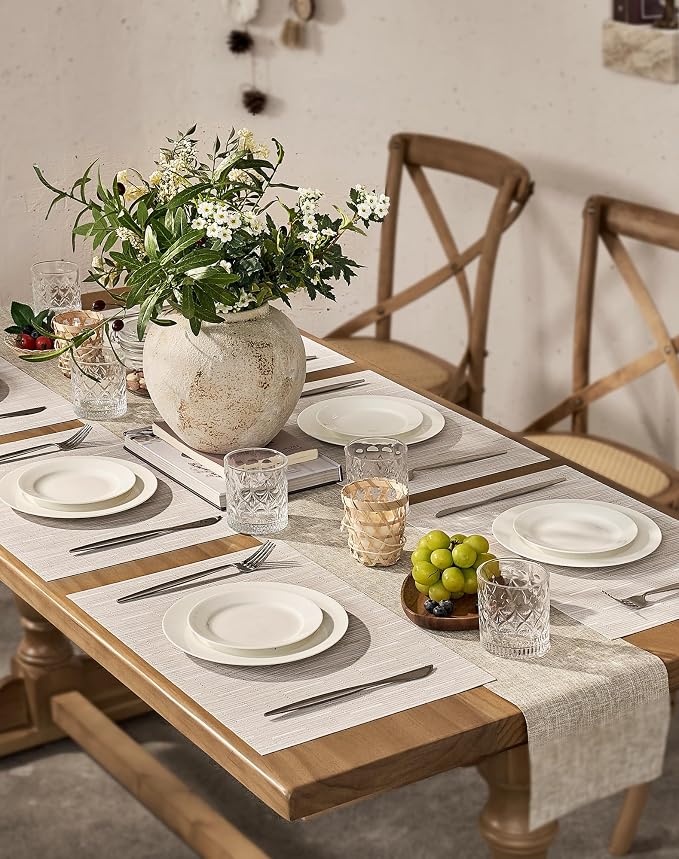 Leetaltree Pale Beige Placemats Set of 12 - Heat Resistant Non-Slip Place mats for Dining Table, Washable Durable PVC Vinyl Woven Table Mats（Pale Beige, 12）