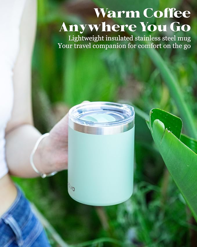 12oz Insulated Coffee Mug with Lid – Includes Two Lids, Stainless Steel Coffee Travel Mug with Handle, Double Wall Vacuum Insulated Camping Mug for Home, Office & Outdoor, Mint Green