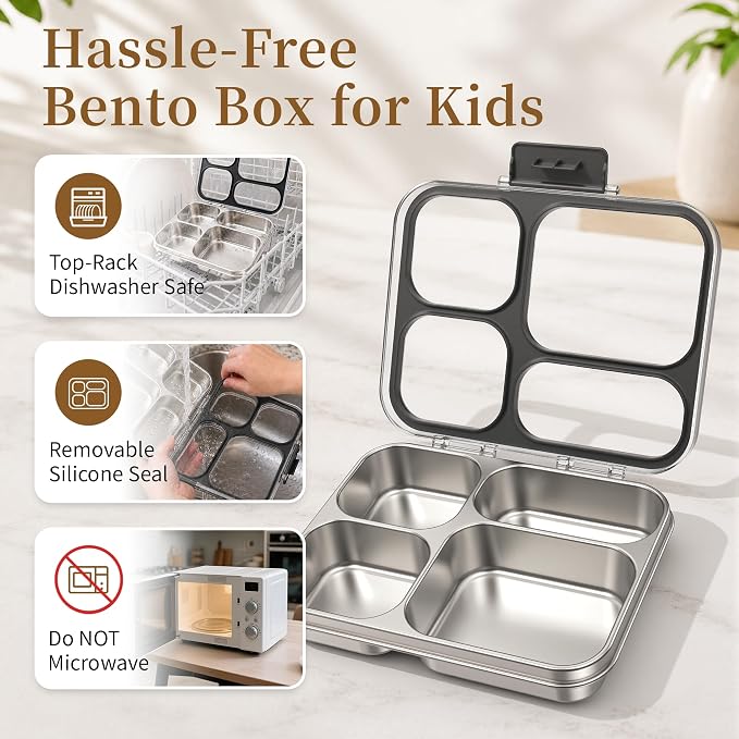 Stainless Steel Lunch Box for Kids, Leakproof 4 Compartment Kids Bento Lunch Box with Clear Lid, BPA-Free Steel Lunch Box Containers for School Travel (Black)