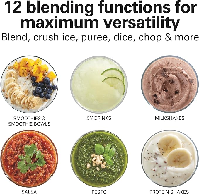 Hamilton Beach Power Elite Blender For Smoothies With Wave Action System | 40 oz. Glass Jar | 12 Functions Including Puree, Crush Ice | 700 Watts | Black | 58148AG