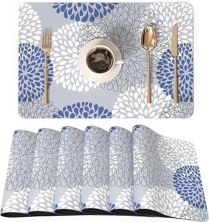 QIYI PU Leather Placemats Set of 6, 12"x18" Waterproof Table Mats, Dahlia | Faux Leather, Heat Resistant, Anti Slip, Wipeable Place Mats for Kitchen Dinning, Party Table Décor, Blue Floral Burst
