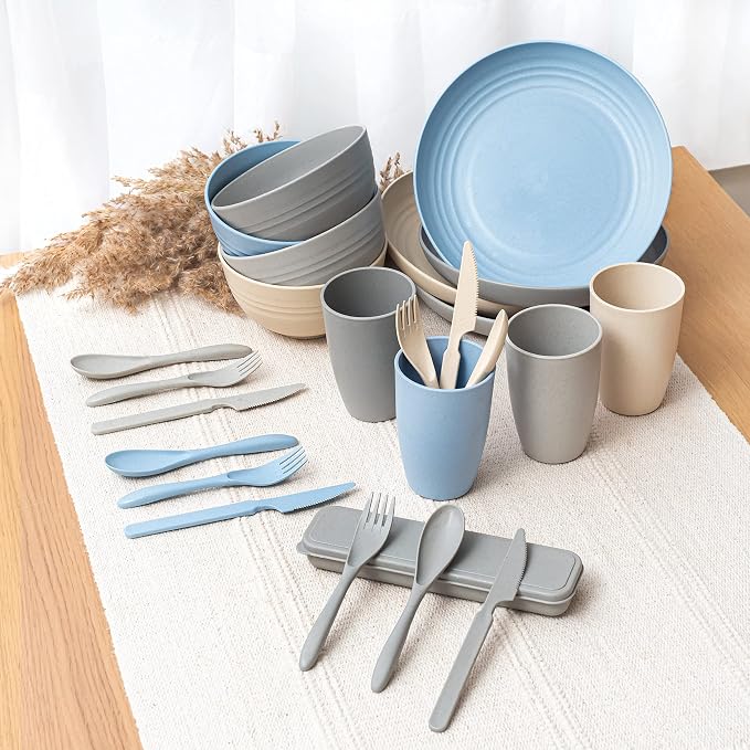 FOODLE Wheat Straw Dinnerware Set - RV, Camping Plates Cups and Bowls Set | BPA-Free & Safety Tested - Microwave & Dishwasher Safe - Lightweight & Unbreakable Dishes - Great for Kids & Adults - For 4