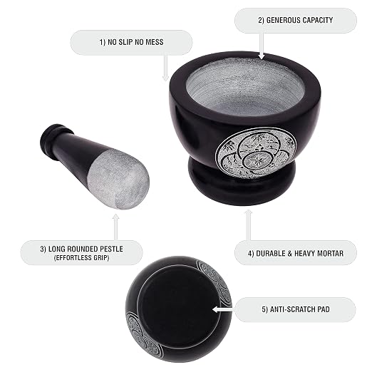 Mortar and Pestle, Made of Heavy Duty Polished Hard Stone, Natural Stone Grinder for Spices, Pastes, Herbs, Seasoning etc. (Black with Engraving)
