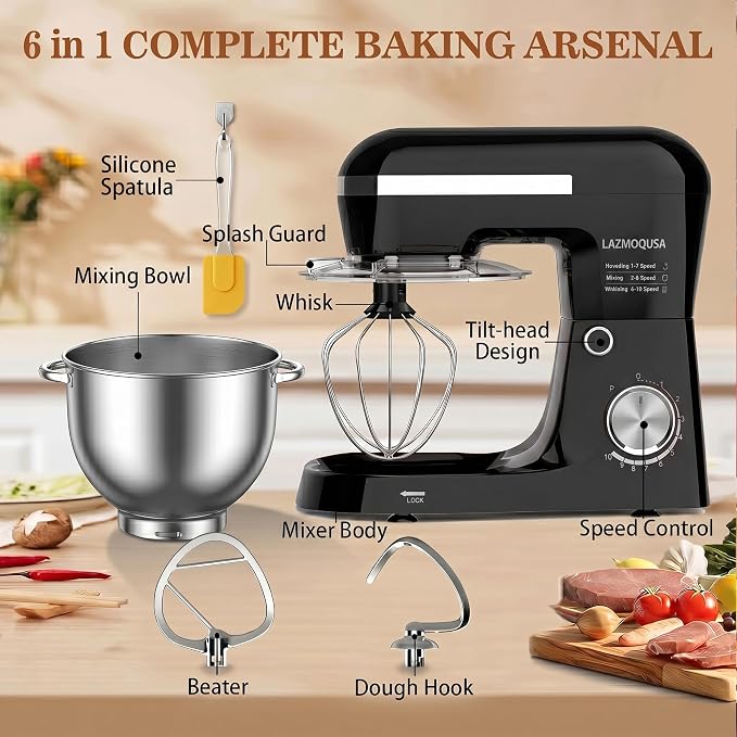 6in1 Stand Mixer with 6.5 Quart Bowl, 660W 10+p Speeds Kitchen Food Mixer Tilt-Head Bread Dough and Cake Mixers for Home Daily Use (Black)