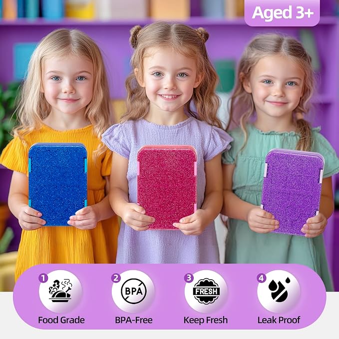 Bento Lunch Box, Snack Bento Lunch Containers Boxes, Shiny Purple | 5/6 Compartments, 3 Cups BPA Free, Dishwasher Safe, for Kids, Back to School, On-the-Go Meal, Ages 3+, School