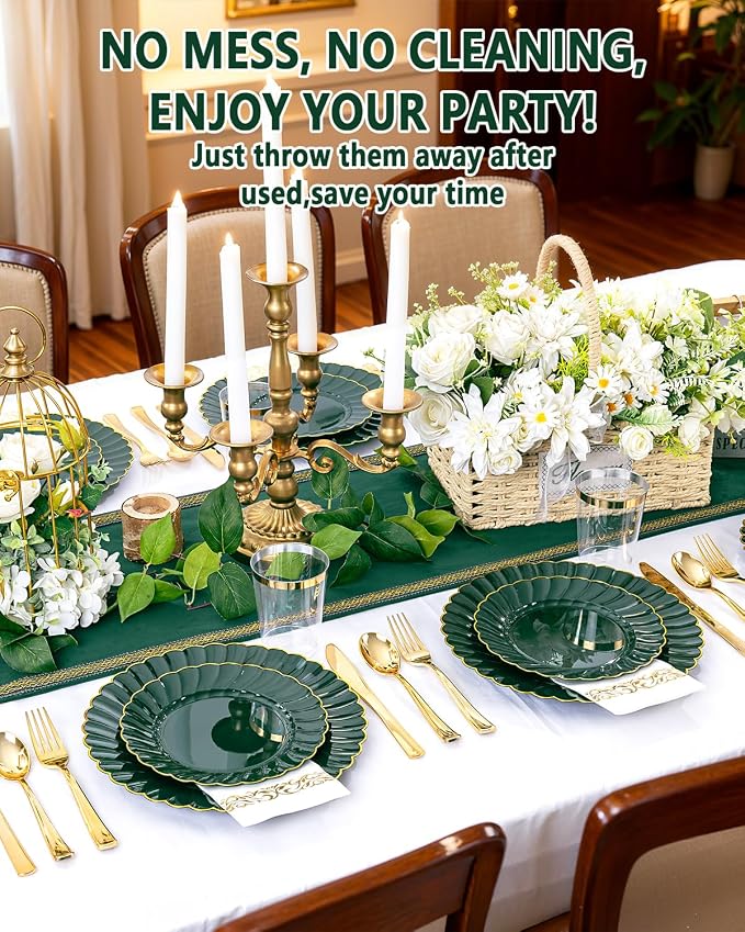 YOUBET 175PCS Green Scalloped Plastic Plates for Party Wedding | Green and Gold Disposable Dinnerware Set Include 50 Plates, 75 Gold Silverware, 25 Cups, 25 Napkins