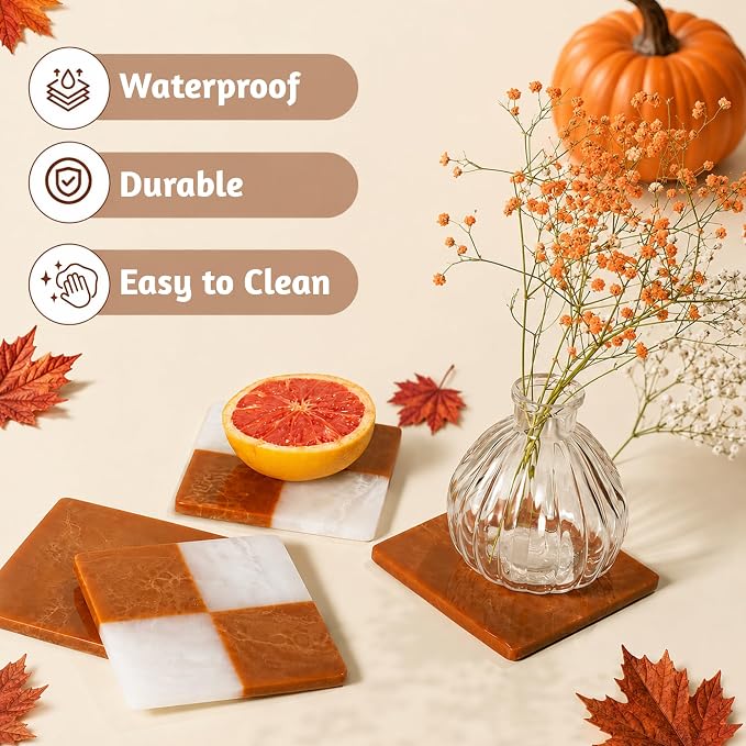 Folkulture Cute Fall Coasters, Set of 4, Non Slip, Easy to Clean - 4 Inch | Waterproof Drink Coaster for Fall Decorations, Boho, Coaster for Farmhouse, Checkered Rust, Coffee Table