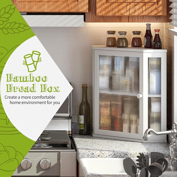 BMOSU Corner Bread Box for Kitchen Countertop Double Layer Bamboo Wooden Bread box Large Capacity Bread Storage Bin(White, Extra Large)