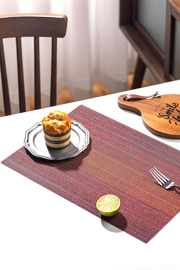 LEXMORE Placemats Set of 6 Vinyl/Plastic Woven Place Mats for Kitchen Table Indoor/Outdoor Washable Placemat Wipeable Dining Table Mats(Pomegranate Parade)