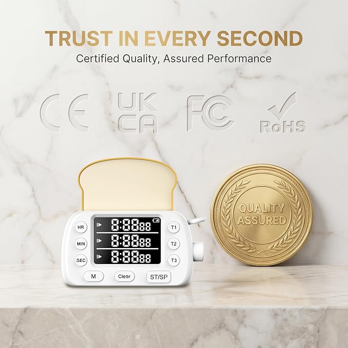 Digital Kitchen Timer for Cooking Magnetic Countdown Timers White | 3-Channel with Memory Preset for Baking, Toaster, Eggs Includes Memo Notes