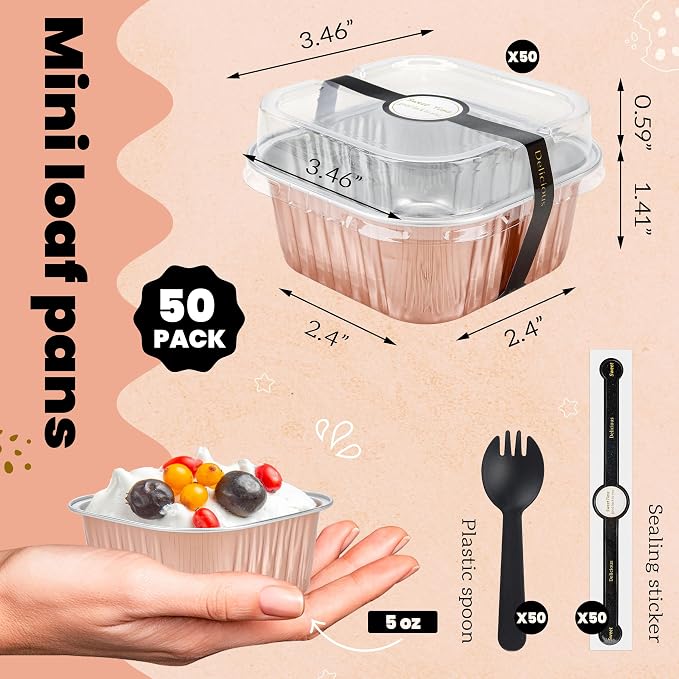 NPLUX Square Foil Cups with Lids, 50 Pack Champagne 5oz for Weddings | Fits tartlets, pudding desserts, loaf slices and sweet samples; compact shape makes tray planning easier.