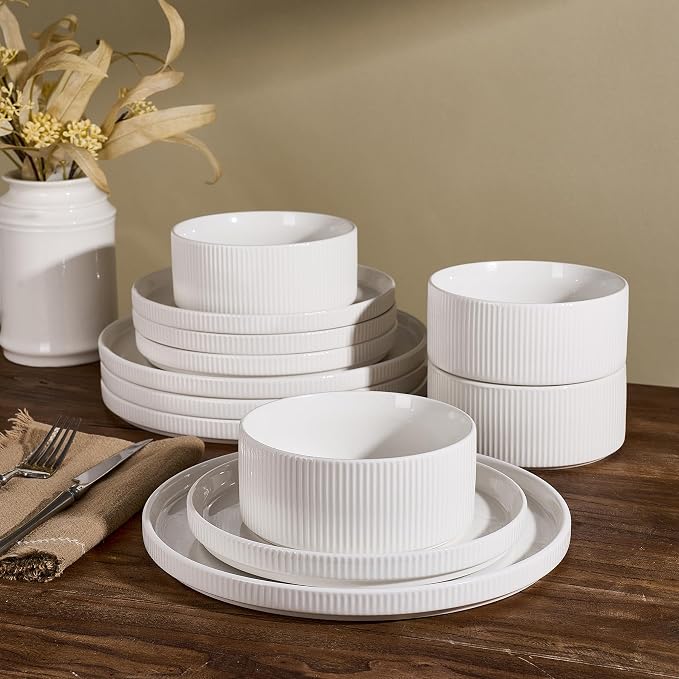 Line Porcelain Dinnerware Set, dish set for 4, White | Premium dinnerware set, chip-resistant & durable. Safe for dishwasher, microwave, oven. For daily meals to festive feasts