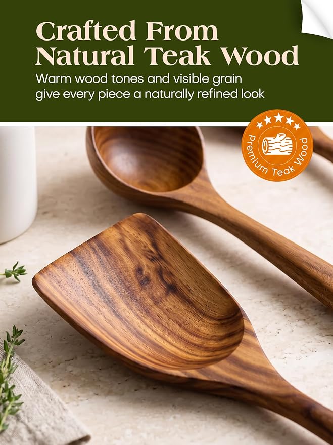 Wood Utensils Set for Cooking, Teak Wooden Utensils Set Wood Spatula for Nonstick Cookware Kitchen Utensils Set 5