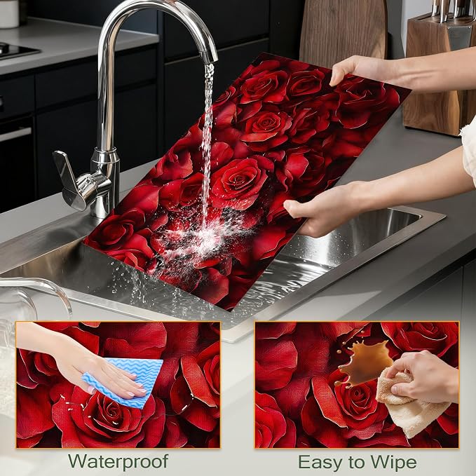 Red Rose Flower Fabric Placemats,Vintage Floral Table Placemats Set of 6 Cloth Place Mats, Washable Heat-Resistant Table Mats for Home Kitchen Dining Room Decoration 11.8x17.7 Inch