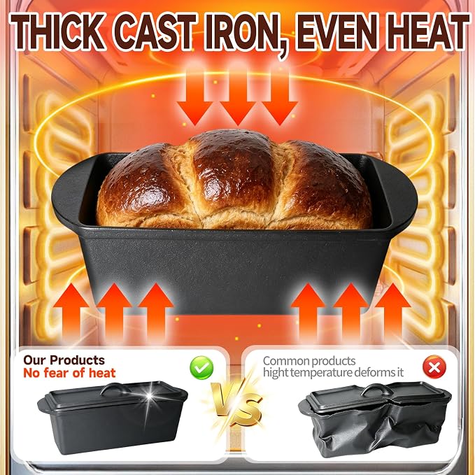 Black Cast Iron Loaf Pan with Lid, 13.8 Inch Bread Baker for Sourdough | For sandwich bread, banana bread, pound cake, meatloaf, casseroles and home oven baking.