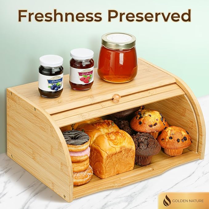 Bamboo Bread Box for Kitchen Countertop, Large Wooden Food Keeper W/Rolling Lid, Vintage Storage Bin for Bagels, Muffins, Cupcakes & Cookies | Golden Nature bread storage box with rolling lid, vintage food keeper for muffins, bagels, cookies, and cookies