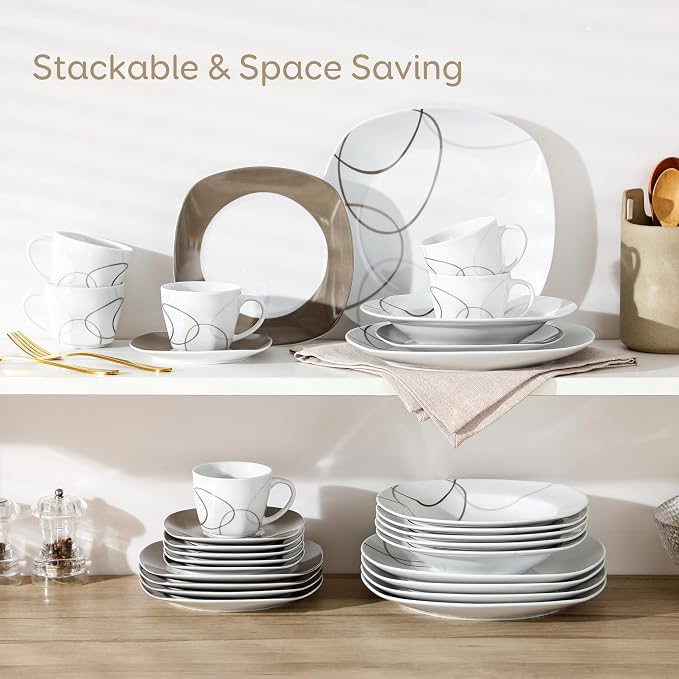 VEWEET 30 PCS Ceramic Dinnerware Sets for 6, White and Brown Dishes Set | Porcelain Dinner Set Including Dessert Plates, Soup Plates, Dinner Plates, Cups & Saucers, Microwave & Dishwasher Safe