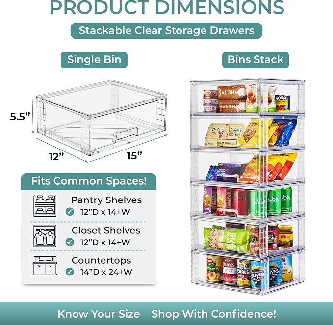 Sorbus Stackable Clear Storage Drawers, Pull-Out Organizer Bins - Large Plastic Drawer Organizers for Bathroom, under Sink, Closet, Pantry & Kitchen Organization (6 Pack)