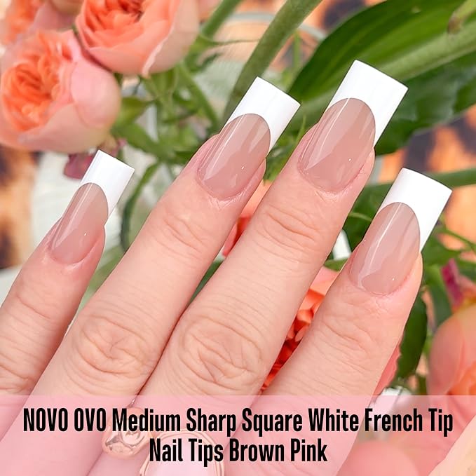 NOVO OVO Medium Sharp Square White French Tip Nail Tips Press on Brown Pink, Extra Thick NEED Builder Gel & Top Coat & Glue, Soft Gel full Cover False Fake Nail Extension for Salon DIYx15 Sizes 180pc