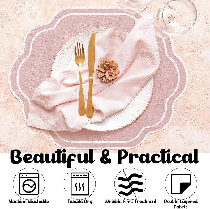 6 Pcs Pink Wedding Placemats Scalloped Embroidered Cotton Linen Placemats 17" x 13" Double Layered Machine Washable Table Place Mat for Party Table Decor (Cotton)