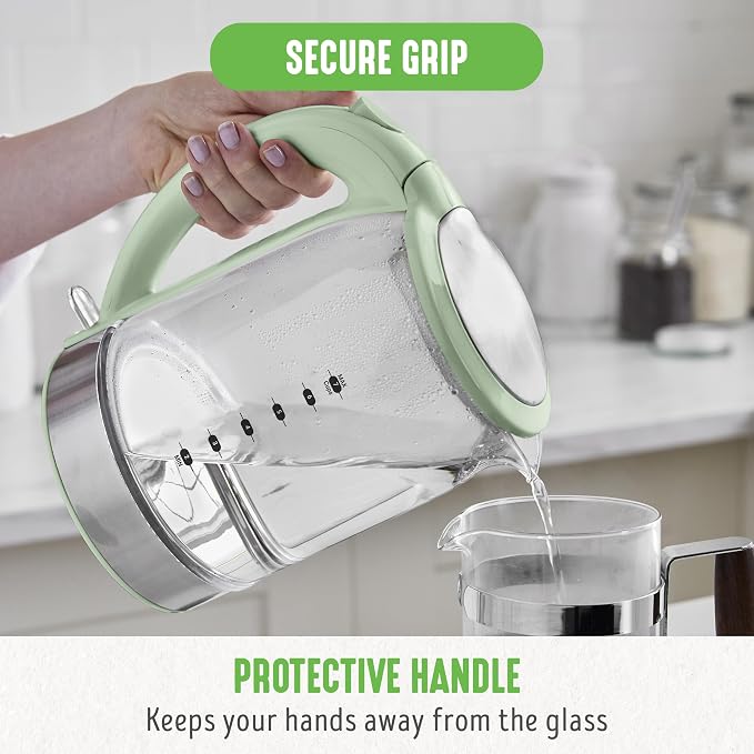 GreenLife 1.7 Liter Electric Glass Kettle, Sage Green | Glass Body, Auto Shutoff, Thermal Shock Resistant, Quick Heating, Easy One Touch Use, Cordless Serving, LED Base, Coffee/ Tea