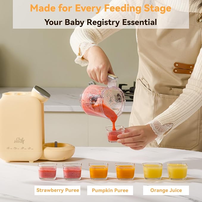 Chefhandy Baby Food Maker, One-Step Steamer & Blender, Yellow | Stainless steel basket, BPA-free food-contact parts, Adjustable texture, Homemade baby meals, 6 food pouches, Recipe guide