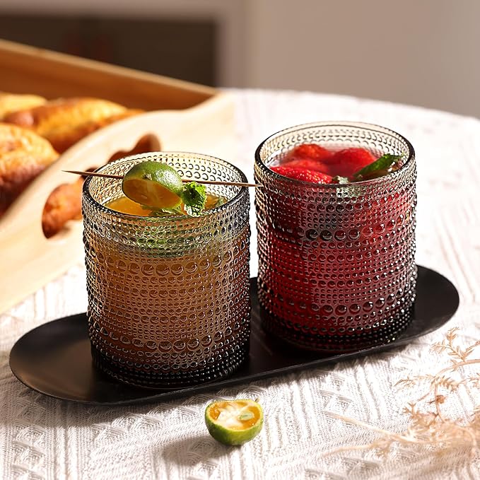 Moretoes 10oz Gray Hobnail Drinking Glasses Set of 6 Cocktail Glasses | Vintage Old Fashion Glassware, Textured Glass Cups Bubble Glasses Water Glasses Jupiter Glasses Set
