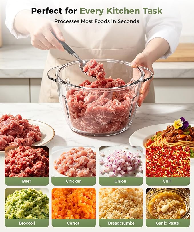Food Processor Electric Food Chopper Meat Grinder, Easy-Clean, 5-Cup | Vegetable chopper with magnetic spindle&serrated blades&glass bowl,power copper motor, for veggies/baby food and ice(White)