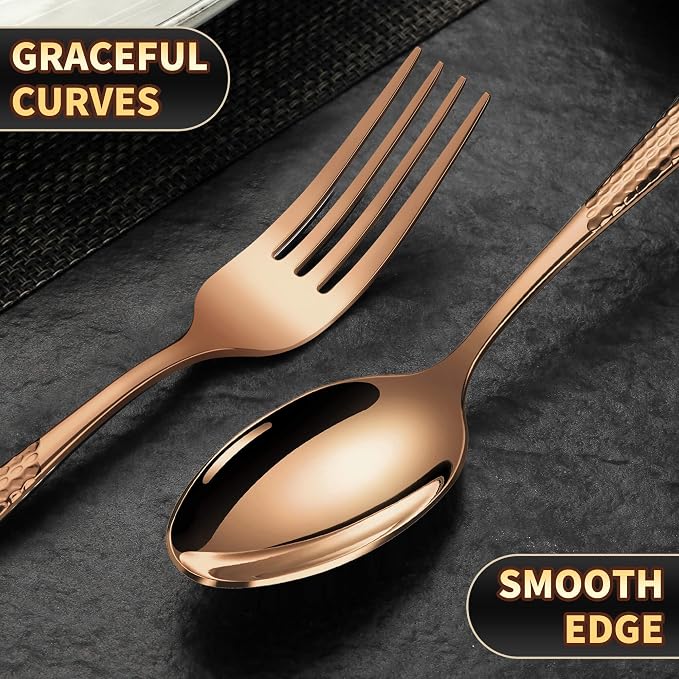 Hammered Rose gold 30 Pieces Set Silverware Set for 6 with Serrated Forging Knives,18/10 Stainless Steel Modern Flatware Set,Unique Cutlery Set,Mirror Polished,Dishwasher Safe