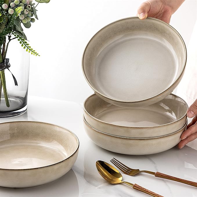 GBhome 8.75'' Large Ceramic Pasta Bowls, 38oz Stoneware Pasta Serving Bowls Set of 4 for Kitchen, Wide Bowls for Fruit,Pasta,Salad,Oatmeal,Meal, Microwave Safe, Reactive Glaze-Cappuccino
