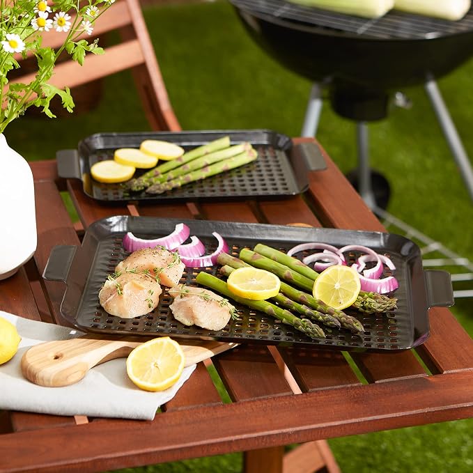 RSVP International Porcelain Coated Steel BBQ Grill Tray/Pan, Outdoor Barbeque Grilling Accessories for Cooking Fish & Vegetables, Dishwasher Safe, Small, 13x7.25/Medium, 16.75x10"