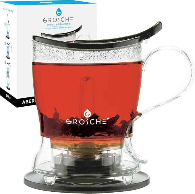 GROSCHE Aberdeen Smart Tea Maker BPA-Free Tea Infuser Black 17.7 oz (525ml) | Drip-Free Bottom Dispenser, Coaster, Easy Brewing, Simple Cleanup, Tritan Build, Loose-Leaf Steeping, Stylish Design