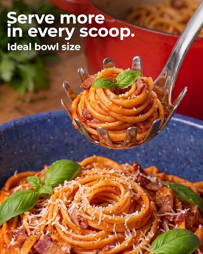 Zulay Kitchen Stainless Steel Pasta Spoon | 12” Spaghetti Server with Teeth & Draining Holes - Rust-Resistant Pasta Fork for Noodles & Pasta - Dishwasher Safe Utensil