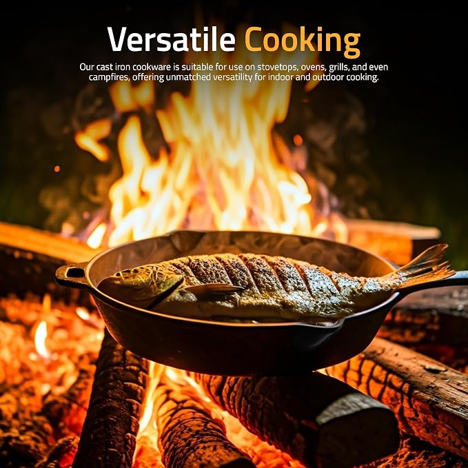 Utopia Kitchen Cast Iron Skillet 12 Inch Pre-Seasoned PFAS-Free Black | Chef Pan, Even Heat Distribution, Stovetop, Oven, Campfire and Grill Safe, Large Skillet, Indoor Outdoor Use