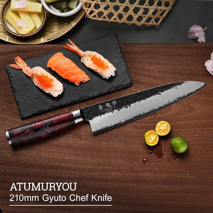8.27 Inch Japanese Gyuto Chef Knife, Black Forged 3-Layer VG10 Steel Core | San-Mai High Carbon Stainless Steel, Kurouchi Forged Finish, For Home & Kitchen, Resin Wood Handle, Premium Gift Box