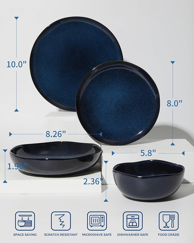 Plates and Bowls Sets, 16 Pieces Dinnerware Set for 4 with Pasta Bowls, Handmade Dishes Set, Chip Resistant Dishware Sets, Microwave Safe Dinner Set, Designed for Interactive Meals, Starry Blue