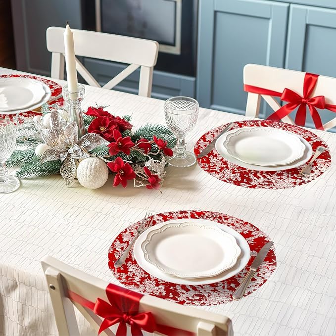 comfoyar Disposable Red Placemats Set of 50, Metallic Round 13 Inch Foil Mesh Pressed Doilies Place Mats, Table Mats for Dining Party Weddings Birthday Holiday Kitchen Home, Tableware Decoration