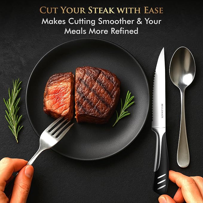 Bellemain Steak Knife Set of 8, Serrated Stainless Steel, Dishwasher Safe | Ergonomic Handle Design, Rust-Resistant Blades, Precision Serrated Edges, Enhanced Dining Experience at Home & Restaurants