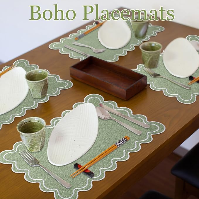 Linen Placemats Set of 12 Scalloped Placemat 13 X19 Wavy Embroidery Double Layered Washable Farmhouse Dinner Fabric Table Mat Napkin for Wedding Party Restaurant(Regular,Sage Green)