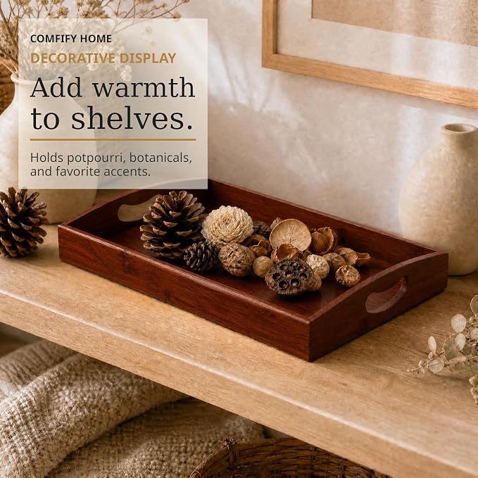 Comfify Dark Brown Bamboo Serving Trays Set of 3 – Nesting Ottoman Trays | Dark-stained bamboo with walnut tones; cutout handles; for coffee table, bar and bedroom dresser; S: 12", M: 14.5", L: 16.25"
