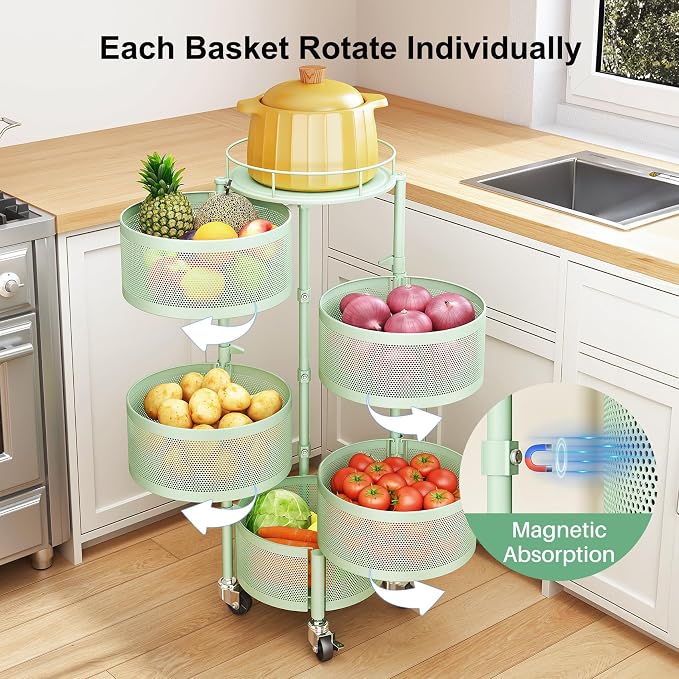 SAYZH 5 Tier Fruit Vegetable Basket Stand for Kitchen, Rotating, Green | Rolling Storage Cart with top lid, Large Metal Wire Rack for Potato and Onion Storage